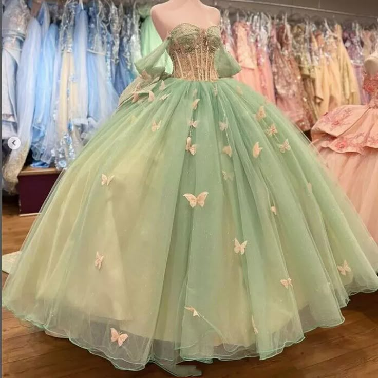 Sweet 16 Glitter Quinceanera Dresses 3D Butterfly Off Shoulder Party Ball Gowns | eBay Sweet 16 Dresses Princess And The Frog, Princess And The Frog Aesthetic Sweet 16, Sweet 16 Dresses Green, Princess And The Frog Sweet 16 Dress, Light Green Quinceanera Dresses, Glitter Quinceanera Dresses, Green Sweet 16 Dresses, Green Quince Dress, Sweet 16 Ball