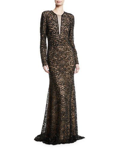 B43FR Naeem Khan Beaded Long-Sleeve Illusion Gown Illusion Gown, Beaded Tulle, Naeem Khan, Shift Dresses, Sequin Gown, Tulle Gown, Ladies Dress Design, Bergdorf Goodman, Designer Outfits Woman