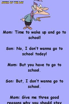 an old cartoon character saying mom time to wake up and go to school