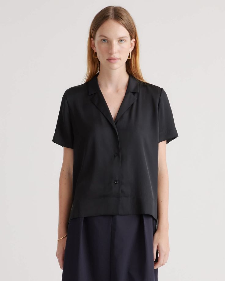 Washable Stretch Silk Short Sleeve Notch Collar Blouse Silk Collared Shirt, Quince Tops, Spring Summer Capsule Wardrobe, Senior Style, Flamboyant Natural, Silk Cami, Summer Capsule Wardrobe, Professional Wardrobe, Summer Capsule