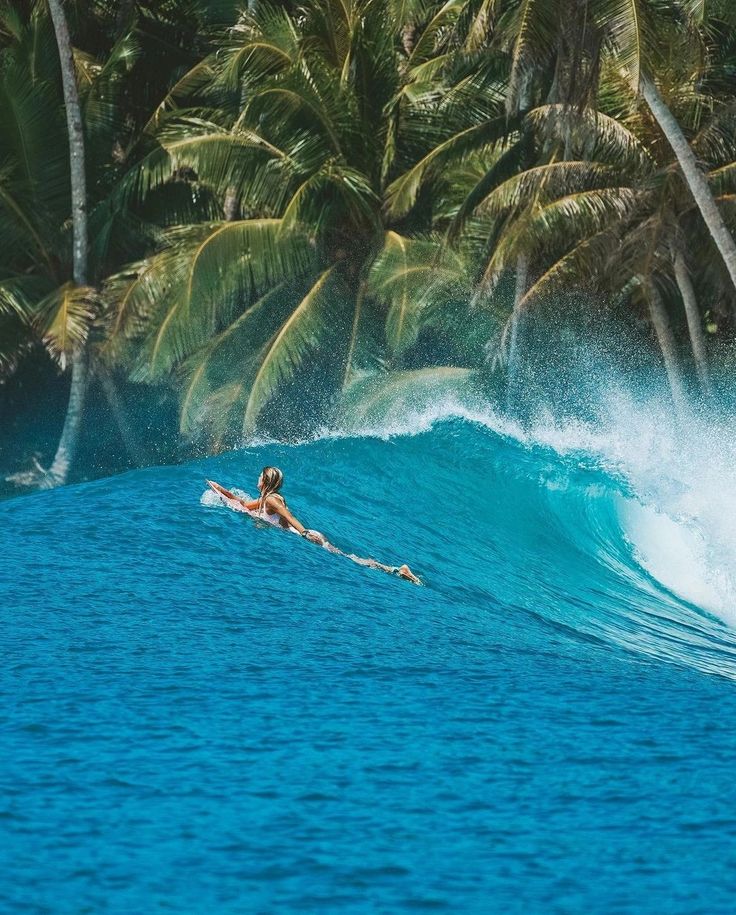 a woman riding a wave on top of a surfboard in the middle of palm trees