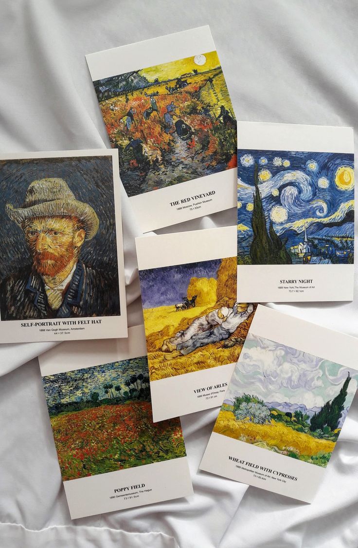 five cards with van gogh paintings are on a white sheet and there is also an image of a man in a hat