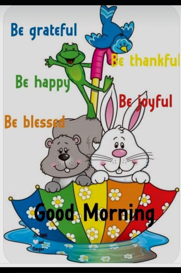 an image of good morning with animals and flowers on the bottom, in rainbow colors