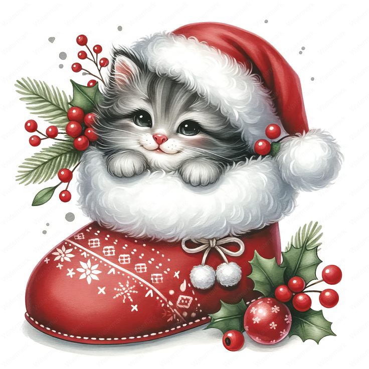 a kitten in a santa hat sitting on top of a red boot with holly and berries