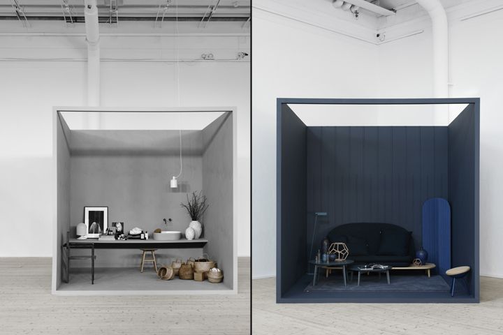 two pictures of the inside of a room with blue walls and white floors, one in an open space