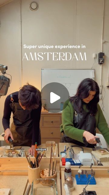 two people are working on woodworking in an art studio with the words super unique experience in amsterdam