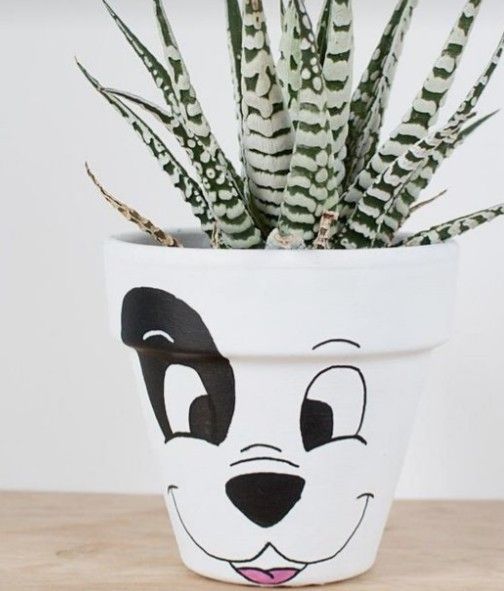 a potted plant with a face drawn on it