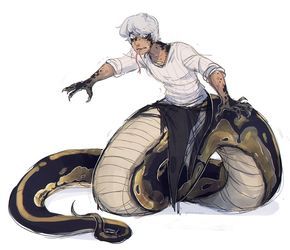 a drawing of a woman on top of a snake