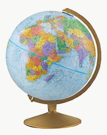 a blue and yellow globe on a stand with the world in it's center