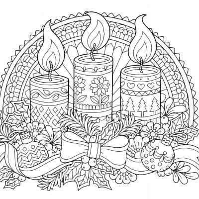 a coloring page with candles and christmas decorations in the center, on a white background