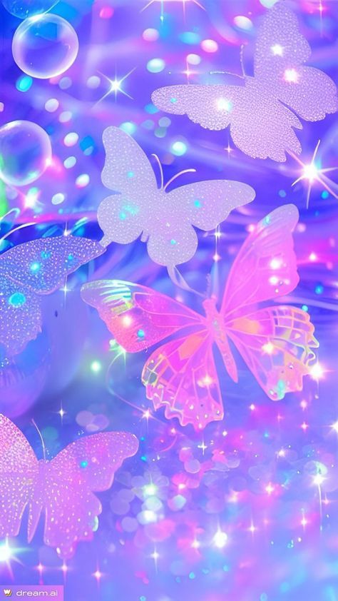 three butterflies are flying in the air with bubbles floating around them on a blue and pink background