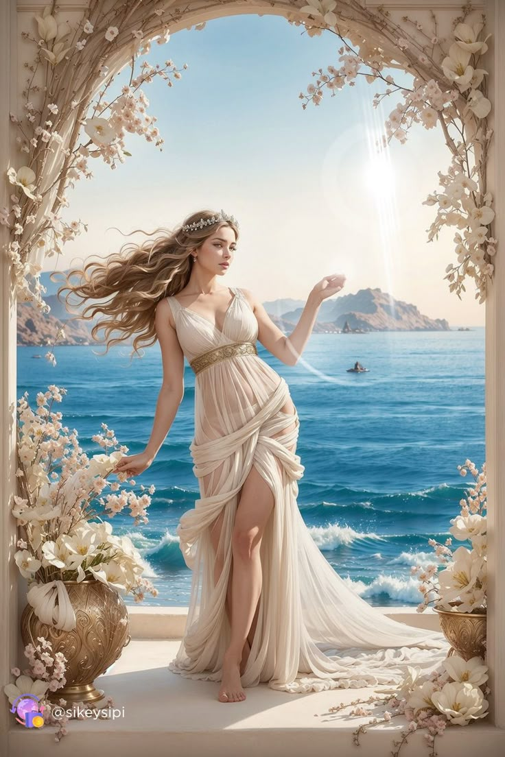 a woman in a white dress is standing by the ocean with her hair blowing in the wind