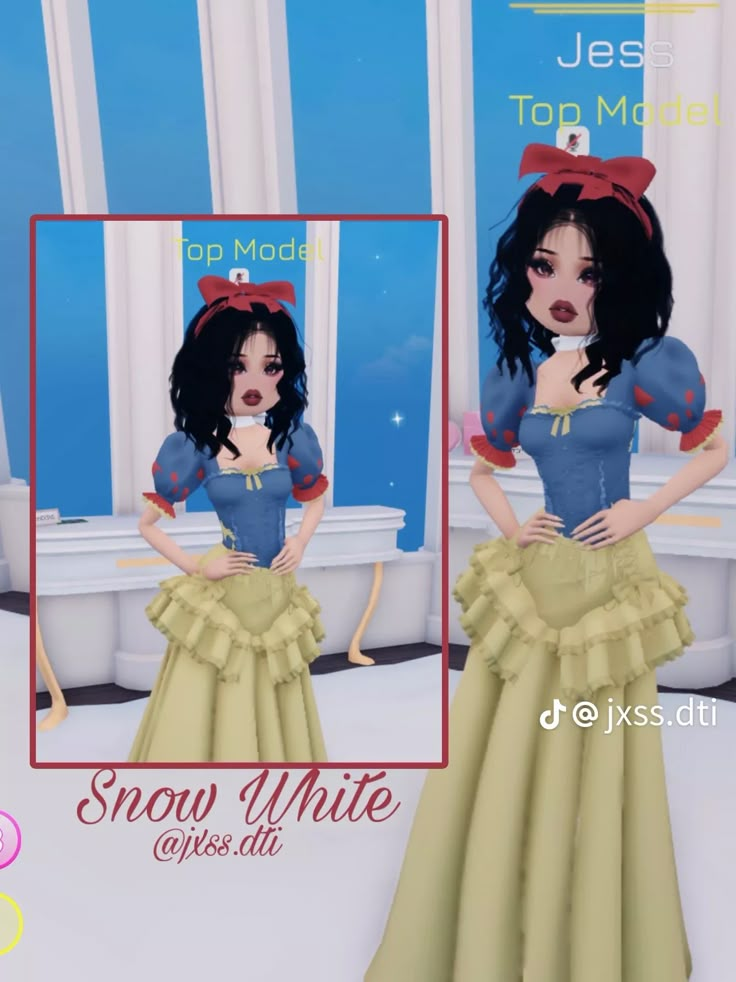 snow white is wearing a yellow dress and red bow headband with her hands on her hips