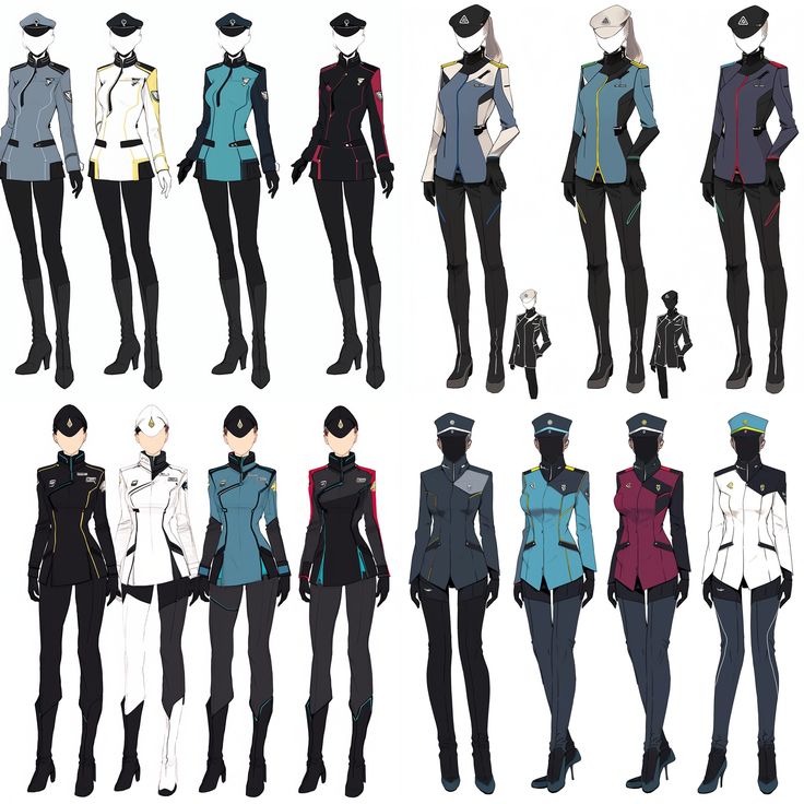 an anime character's outfits are shown in various poses