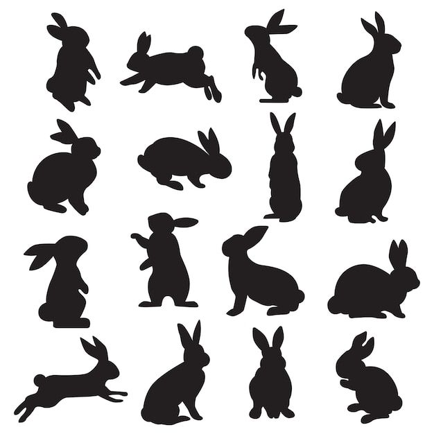 the silhouettes of rabbits are shown in different positions and sizes, including one sitting down