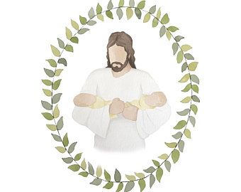 jesus with arms crossed in a circle surrounded by green leaves and branches, on a white background