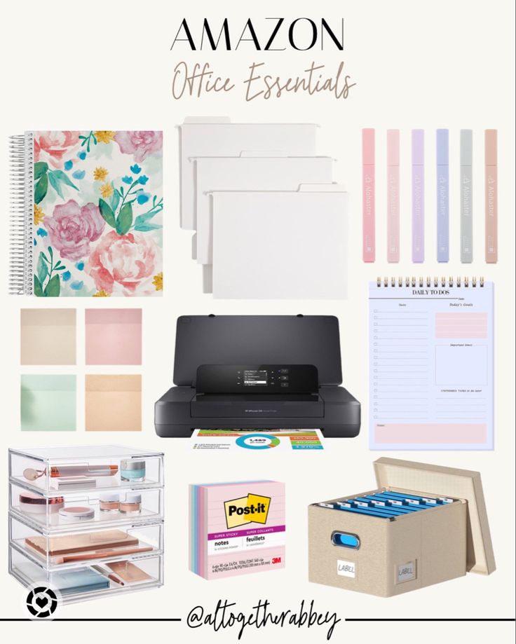 an office essentials kit with supplies including printer, binder, file folder and other items