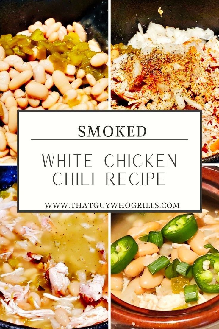 Looking for smoked comfort food? This Smoked White Chicken Chili Recipe takes comfort food to another level! Shredded smoked chicken breasts give the chili even more flavor and warm you up! Add a smokey twist on Chicken Chili by smoking it in your cast iron Dutch oven! Serve with cornbread or other classic smoked side dishes. Pin this to your Smoker Recipes Pinterest board for later. Chili In Dutch Oven, Smoked Chicken Breast, Traeger Chicken, White Chicken Chili Recipe, Pulled Pork Nachos, White Bean Chicken Chili, Outdoor Cooking Recipes, White Chili, White Chili Chicken Recipe