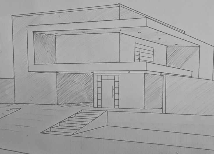 a drawing of a house with stairs leading up to it