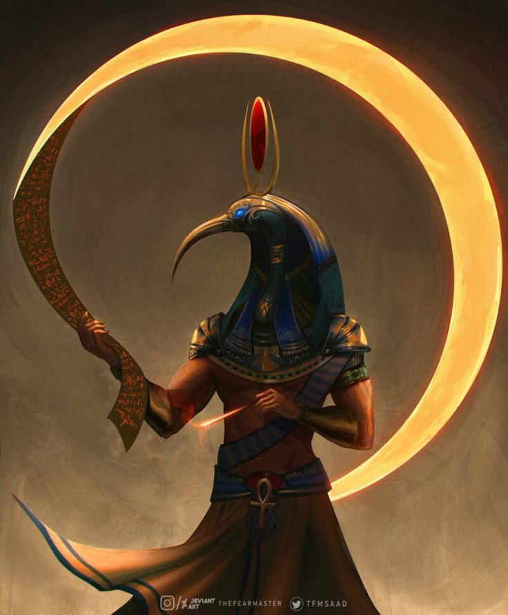 the egyptian god is holding his staff in front of a moon and crescent with an orange ring around it