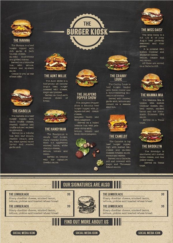 the burger menu is designed to look like it has many different types of sandwiches on it