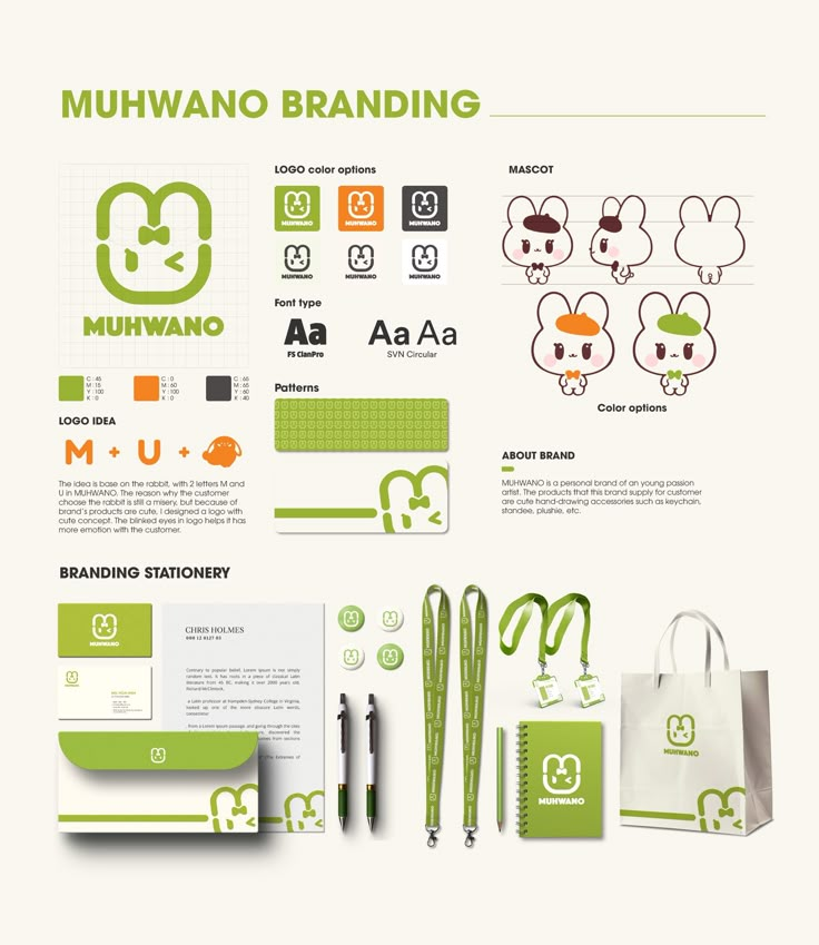 the branding design for munwano branding is shown in green and white colors