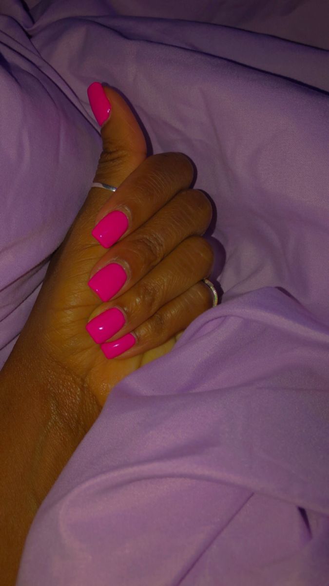 Pink Nails Hot Pink Nails Black Women, Barbie Square Nails, Fluorescent Pink Nails, Short Acrylic Nails Spring 2024, Neon Pink Short Nails, Short Square Acrylic Nails Summer 2024, Mallorca Nails, Hot Pink Square Nails, Hot Pink Nails Short