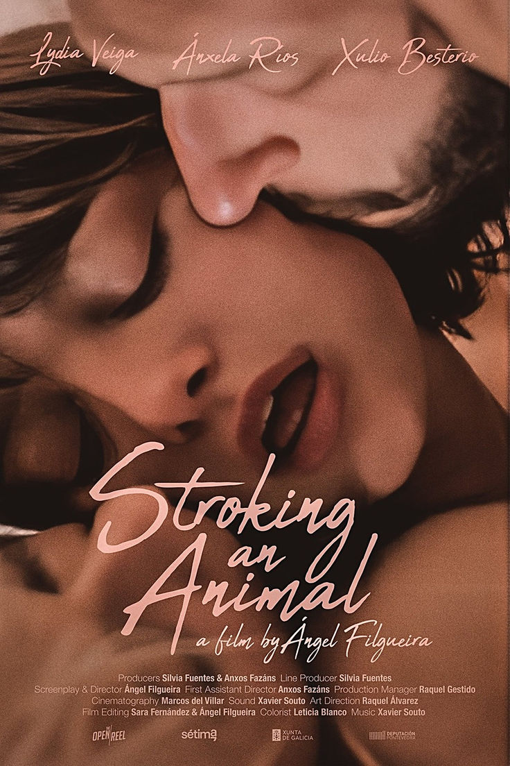 a poster for the movie staring at an animal with two people sleeping on top of each other