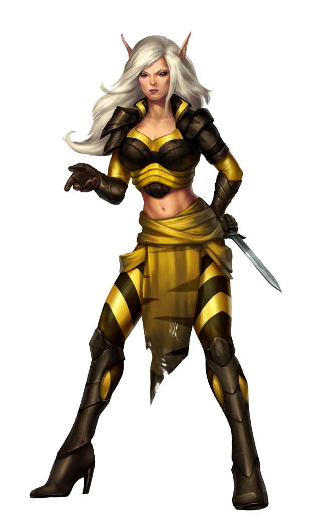 a woman in yellow and black outfit holding a knife on her right hand, while standing with