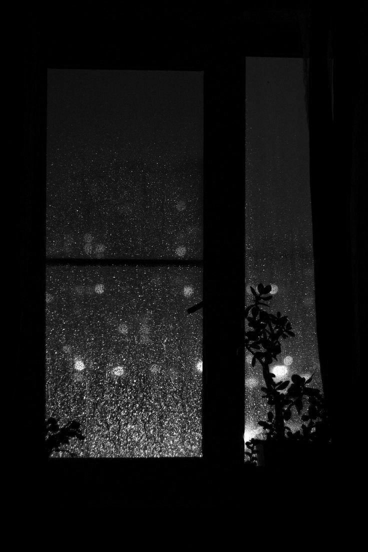 black and white photograph of rain coming down from a window at night with trees in the foreground