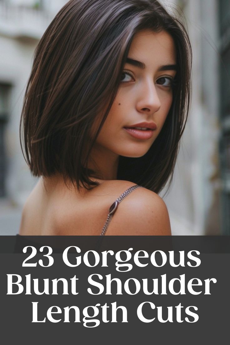 Woman with straight, shoulder-length hair looking over her shoulder, promoting 23 gorgeous blunt shoulder length cuts. Medium Length Haircut Women Straight, Hairstyles For Shoulder Length Straight Hair, Medium Length Hair Straight Cut, Haircut Straight Hair Women, Medium Haircut Ideas For Thick Hair, Lob Hair Styling Ideas, Fall Shoulder Length Hair Hairstyles, Fine Hair Lob Shoulder Length, On The Shoulder Haircut