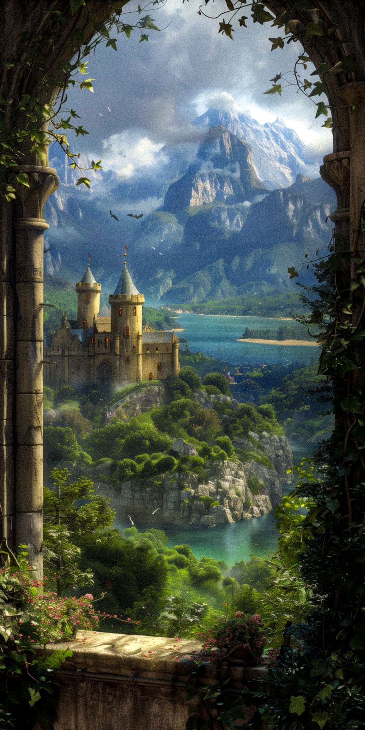 an image of a castle with mountains in the background and trees on either side, looking out onto a body of water