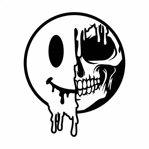 a black and white image of a skull with dripping paint on it's face