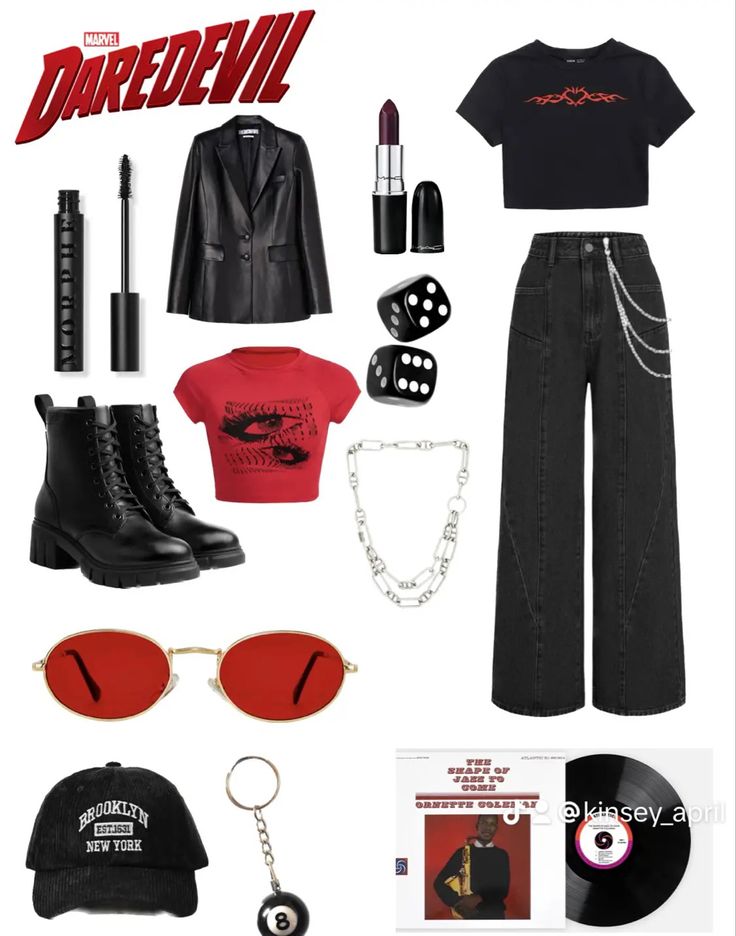 a woman's outfit and accessories are arranged in the shape of a heart, hat, sunglasses, t - shirt, jacket, necklaces, lipstick, keys, bracelet, earrings, and earring