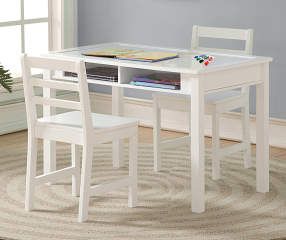 a white table with two chairs and a book shelf on top of it in front of a window