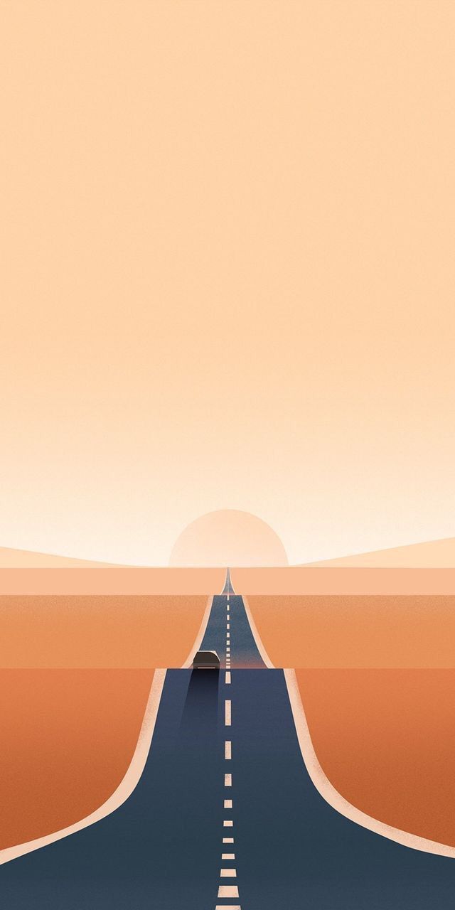 a car driving down an empty road in the middle of desert with sun rising over it