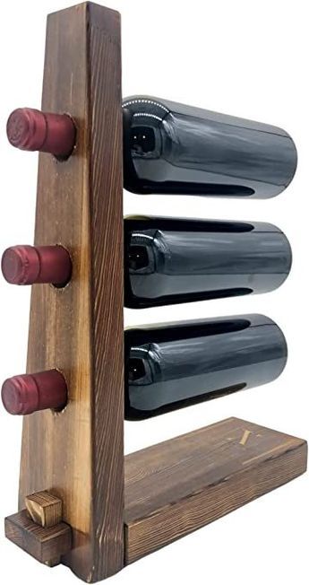 a wooden wine rack with six bottles on it's sides and three red ones in the middle