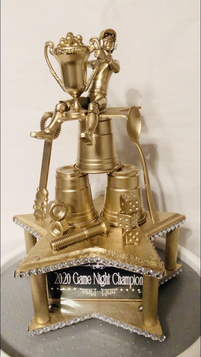 "Minute to Win It/ Game Night trophy. Diy Awards Trophy Ideas, Video Game Trophy Diy, Diy Game Night Trophy, Homemade Trophy Ideas, Homemade Trophy, Trophy Diy, Beer Olympics Trophy Diy, Fun Trophy Ideas, Game Night Trophy Diy