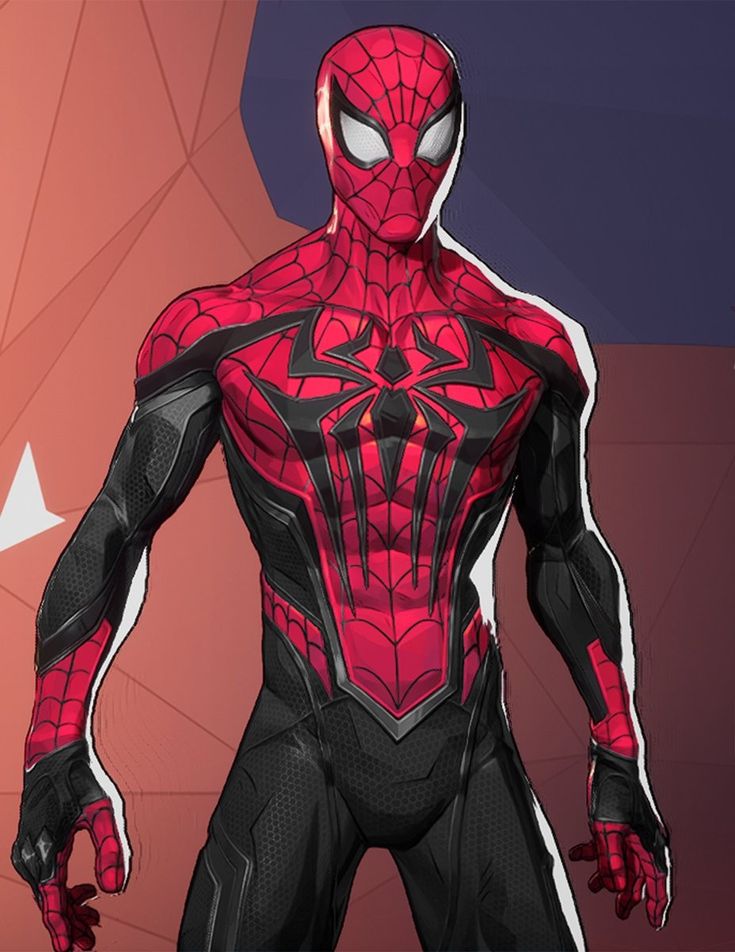 a spider man standing in front of a red and black background