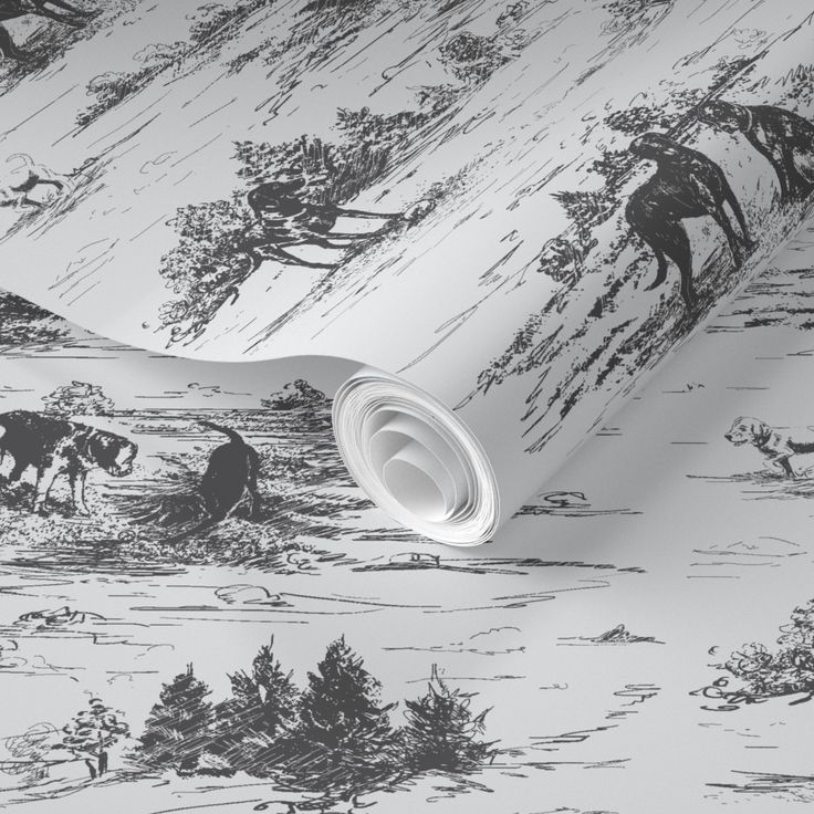 a wallpaper with horses and trees in black and white on a plain paper background