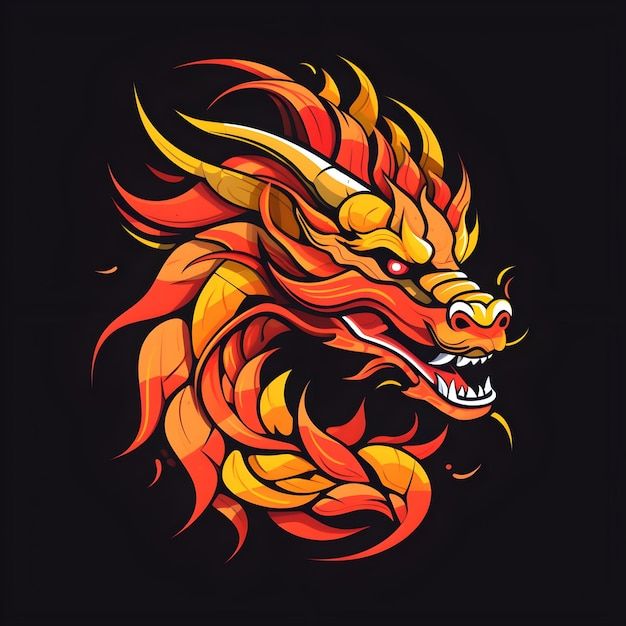 an orange and yellow dragon head on a black background