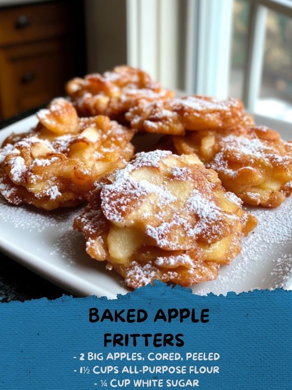 baked apple fritters on a white plate with powdered sugar and blue background