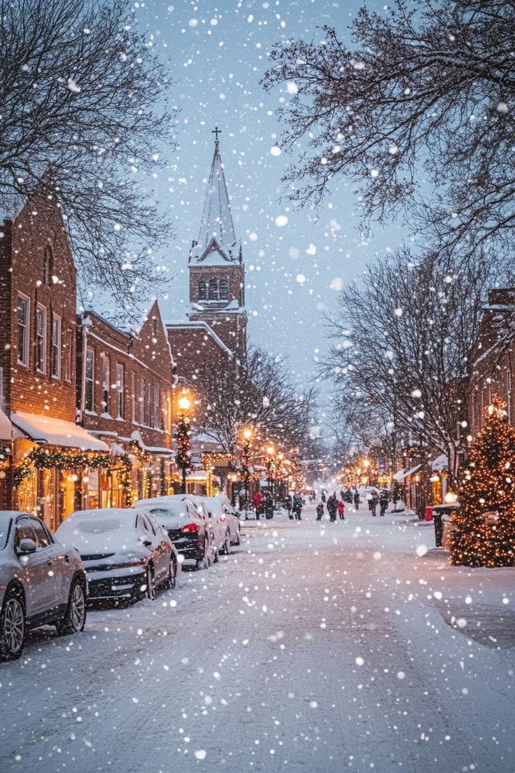 a snowy street with cars parked on it