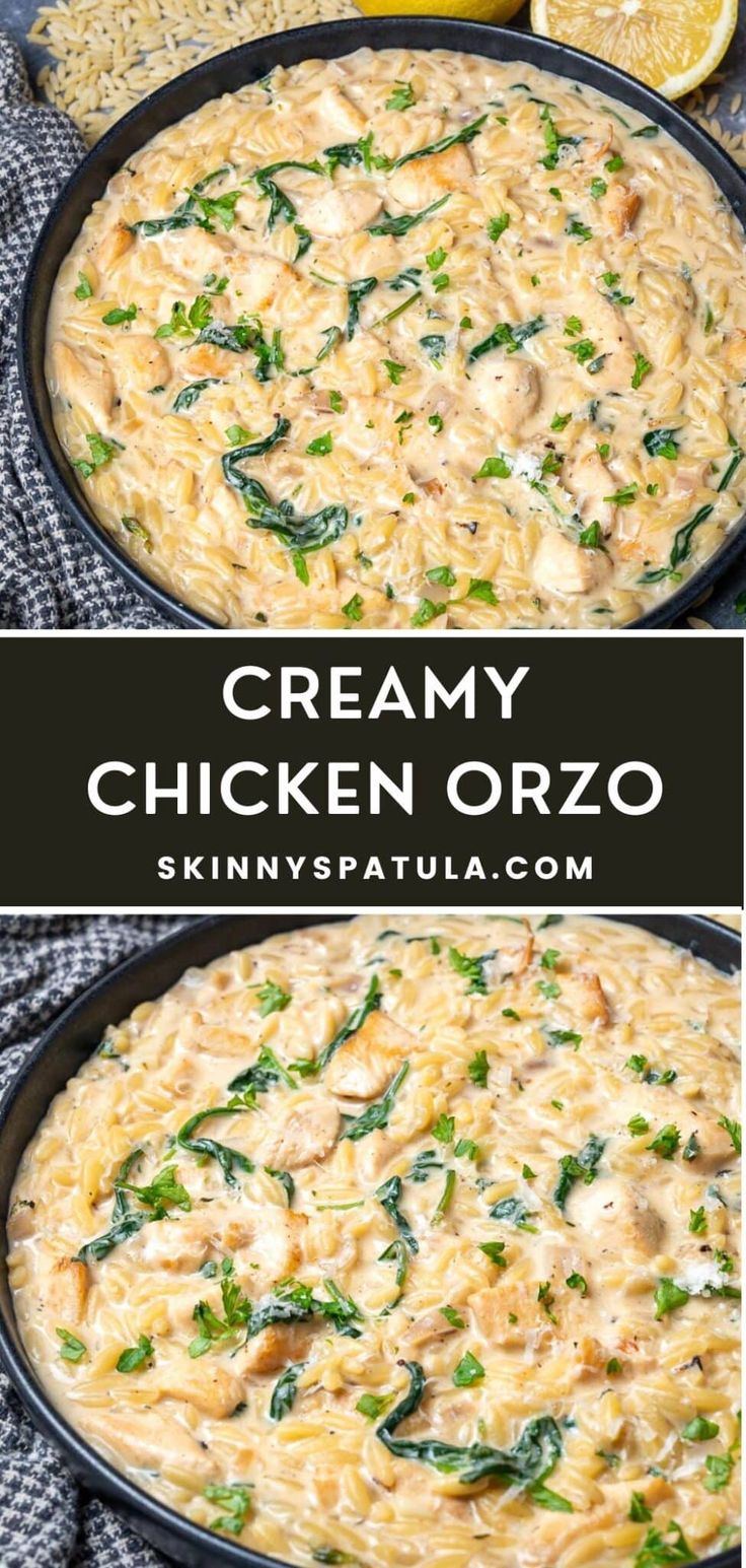 creamy chicken orzo in a skillet with spinach and lemons on the side