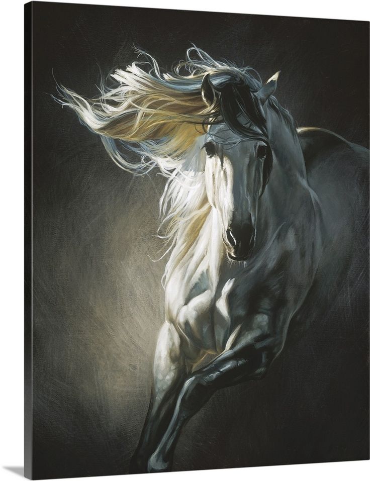 a painting of a white horse running in the air with its hair blowing back and it's eyes closed