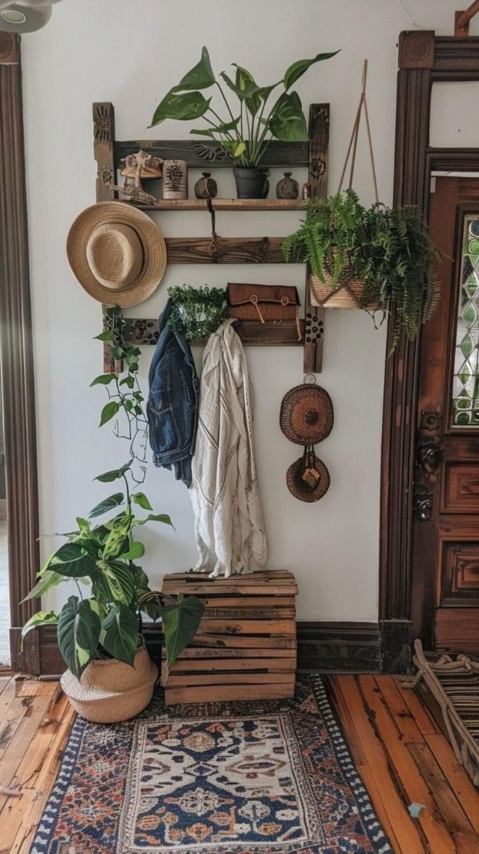 the entryway is decorated with plants, hats and coat racks on wooden pallets