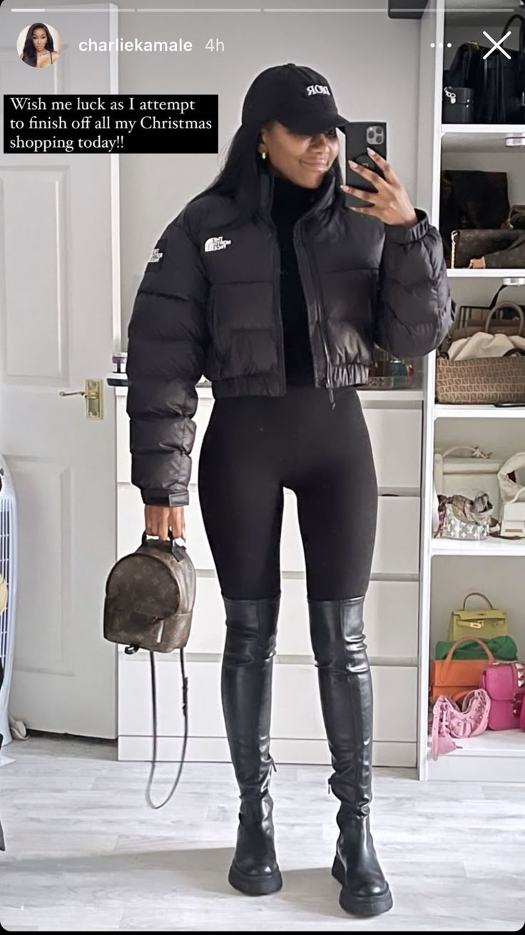 Crop Top Puffer Jacket Outfit, Belted Puffer Jacket Outfit, Puffer Over The Knee Boots, Puffy Jacket Style, Top Golf Outfit Winter, Kimono Fashion Street Style Casual, Moon Boots And Puffer Jacket, Kylie Jenner Combat Boots, Sophisticated Outfits