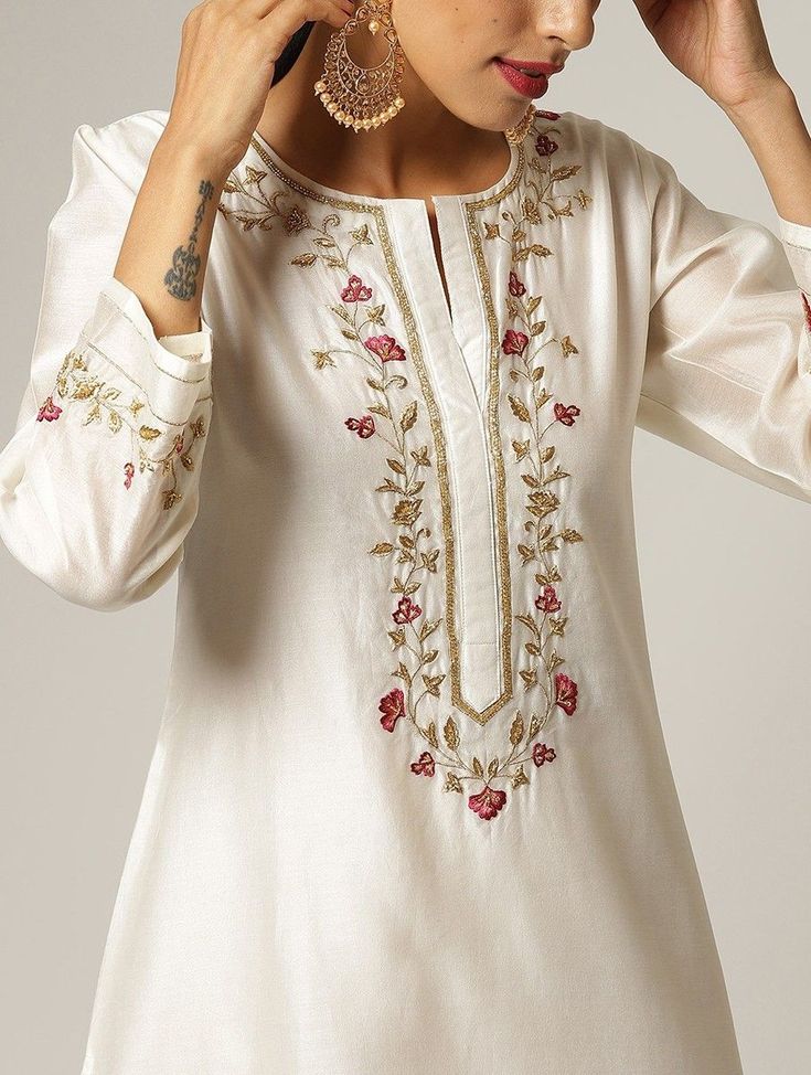 Buy Ivory Hand Embroidered Silk Chanderi Kurta Women Kurtas Trails Gossamer block printed and ensembles for special occasions Online at Jaypore.com Silk Kurti Designs, Kurti Embroidery, Embroidery On Kurtis, Neck Designs For Suits, Gaun Fashion, Kurti Embroidery Design, Salwar Kamiz, Kurta Neck Design, Kurti Neck