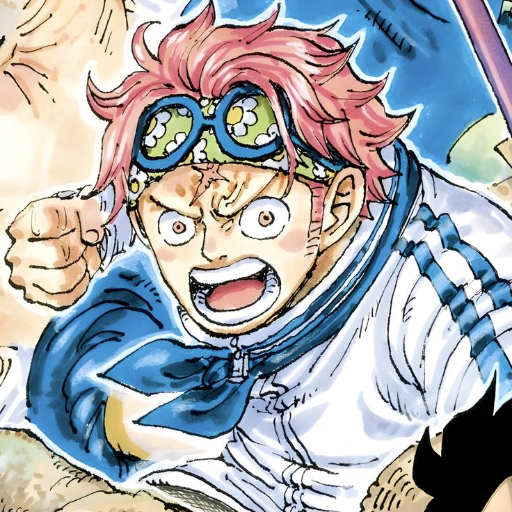 an anime character with red hair wearing goggles and holding a baseball bat in his hand