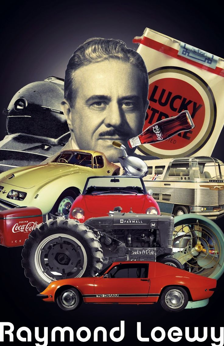 a collage of old cars, including a man's face and the words raymond loewy